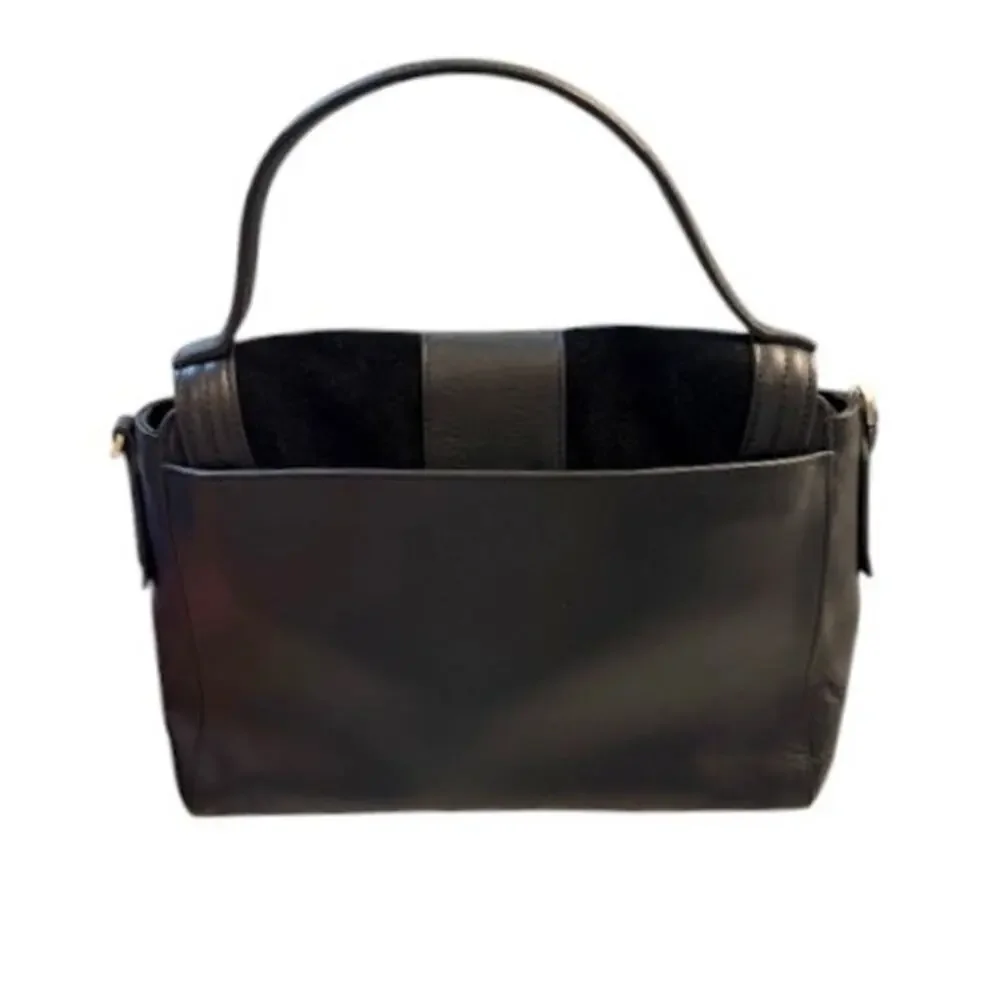 Halston Heritage Black Leather Top Handle Satchel Bag Gold Lining EUC Chic